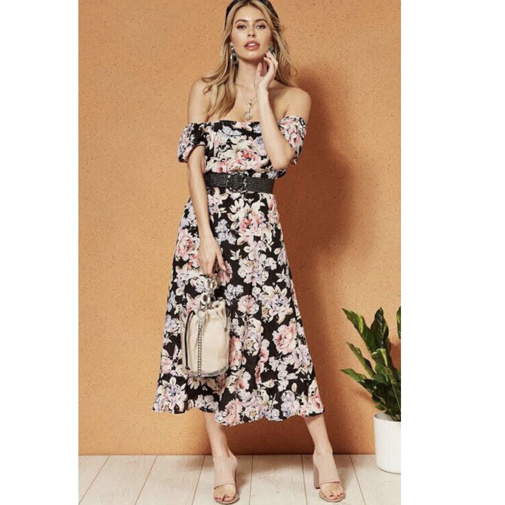 Black and lilac rose midi tea dress